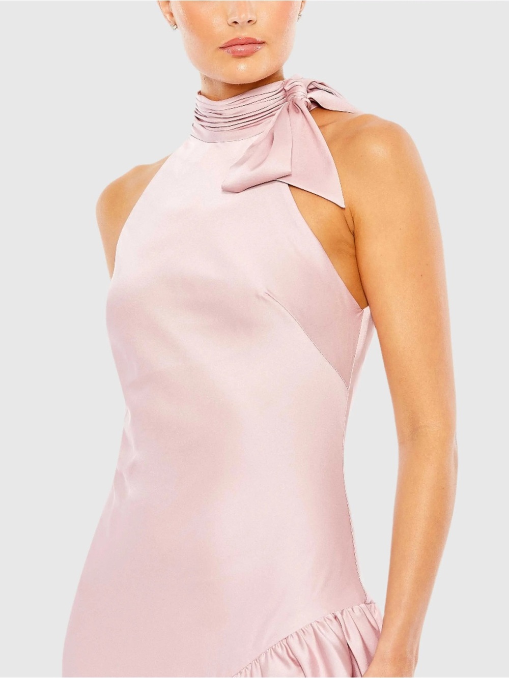 Mac Duggal Satin Ballet Pink Bow-Halter Neck Asymmetrical Midaxi Formal gown